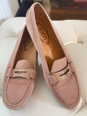 Tod's Women’s Blush Suede Loafers with Rhinestone Buckle